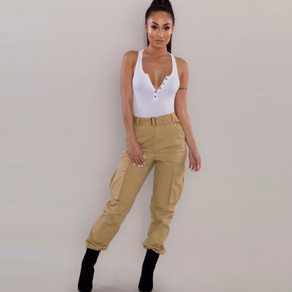 Women Fashion Casual Solid Color Cargo Pants