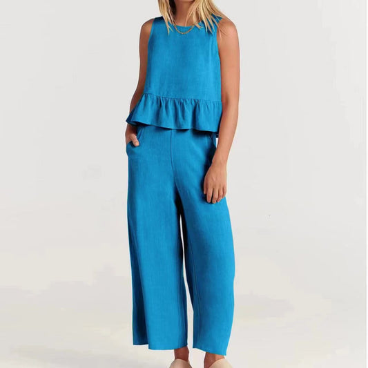 Conjunto informal de verano para mujer, blusa sin mangas con volantes y pantalones de pierna ancha