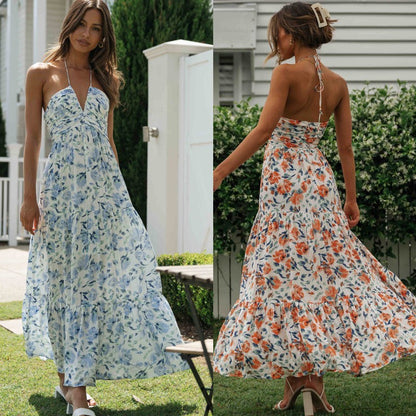 Vacation Women Casual Tiny Flower Print Backless Maxi Dress