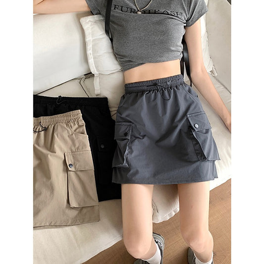 Summer Women Fashion Casual Solid Color High Waist Drawstring Skirt