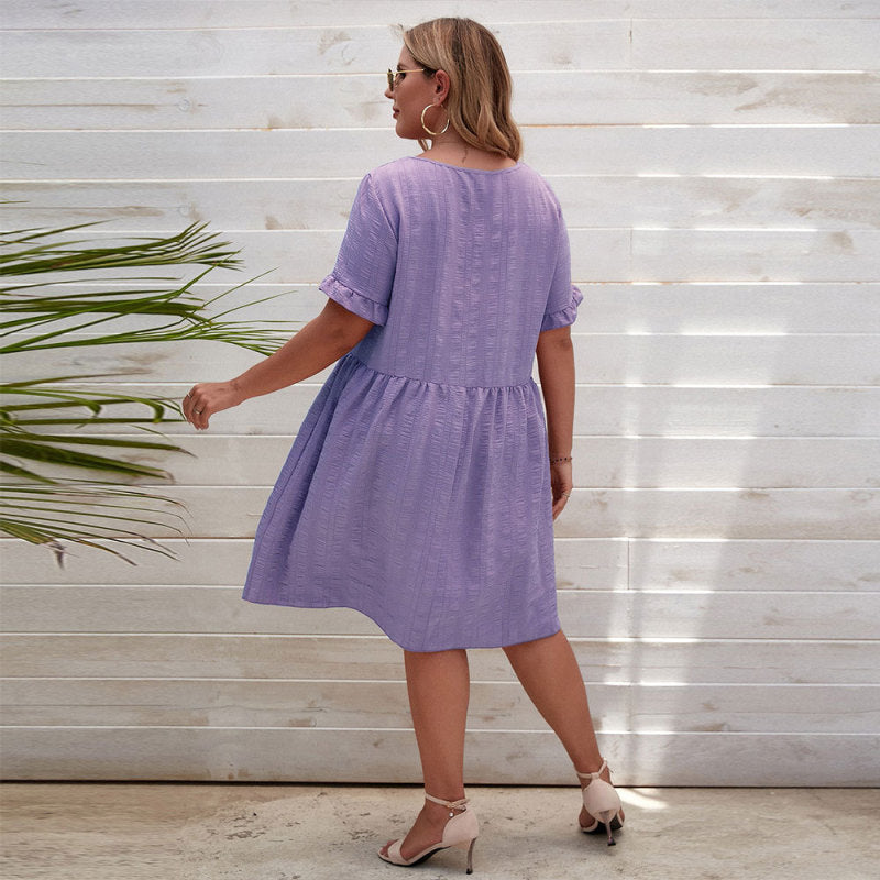 Women Fashion Casual Solid Color Short Sleeve Plus Size Dress