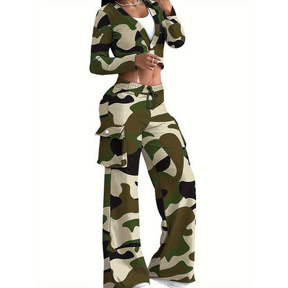 Conjunto de dos piezas de top corto de manga larga con estampado de camuflaje informal para mujer