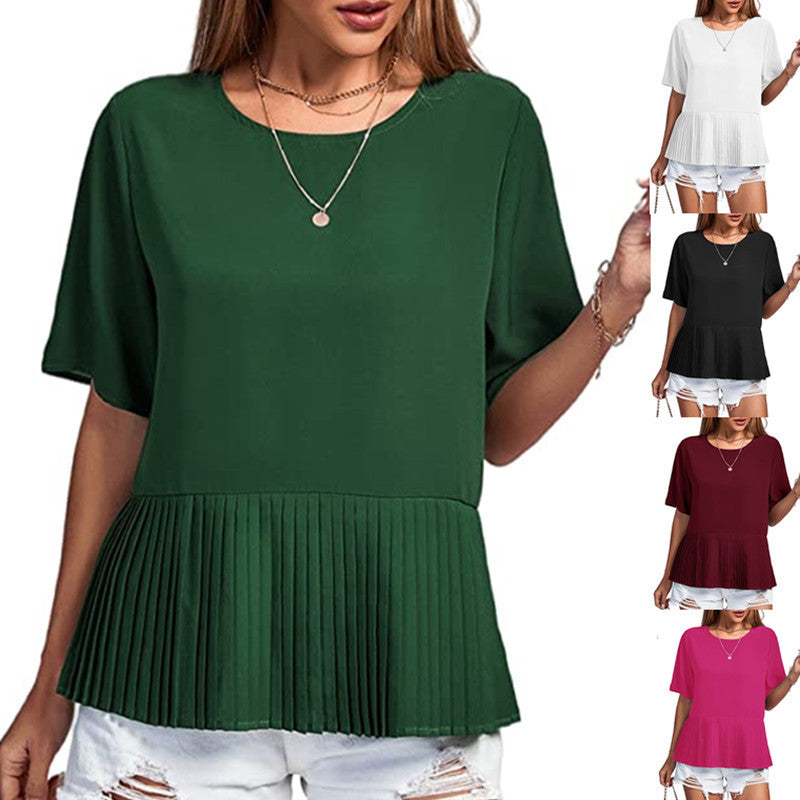 Blusa informal de mujer con cuello redondo, manga corta, dobladillo plisado y color liso