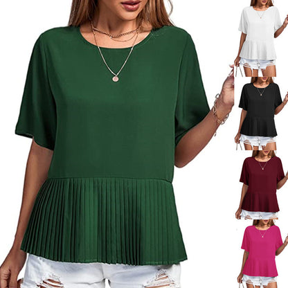 Blusa informal de mujer con cuello redondo, manga corta, dobladillo plisado y color liso