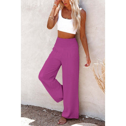 Women Fashion Casual Solid Color Cotton Linen Elastic-Waist Wide Leg Pants