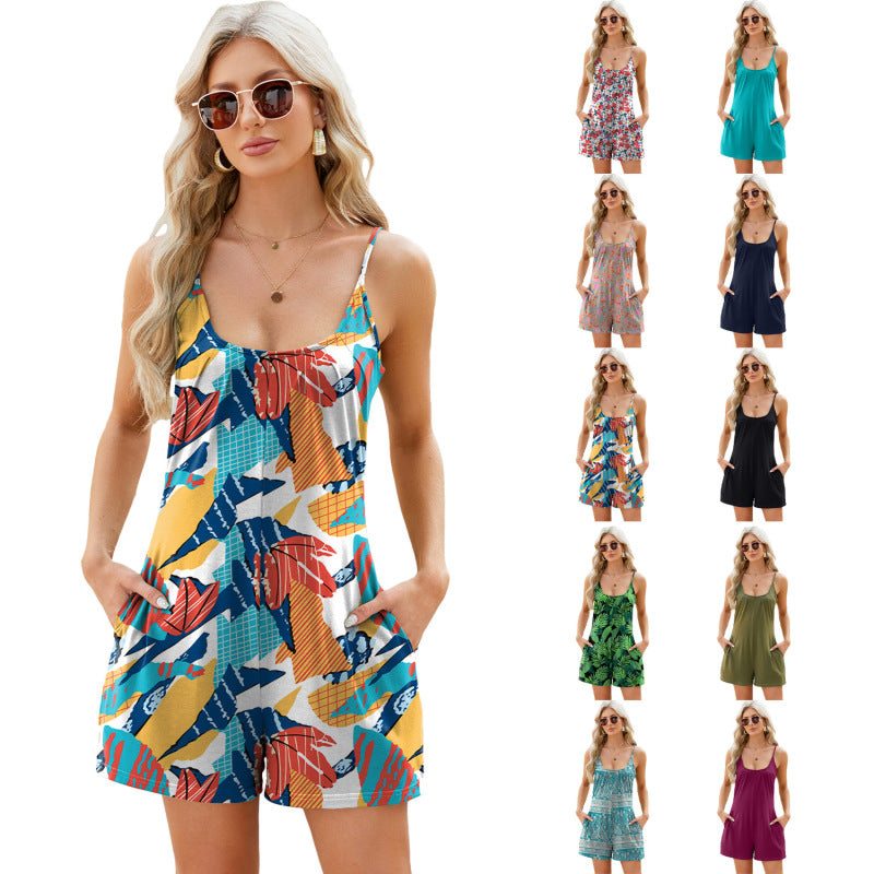 Women Fashion Casual Solid Color Sling Loose Pocket Rompers