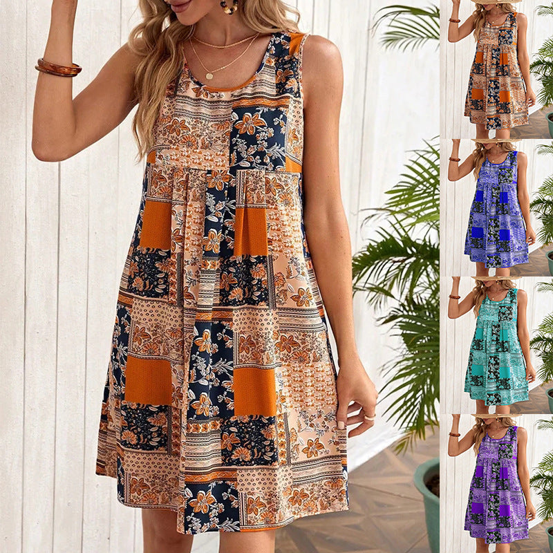 Vestido informal sin mangas con estampado floral a la moda de verano para mujer