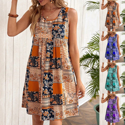 Vestido informal sin mangas con estampado floral a la moda de verano para mujer