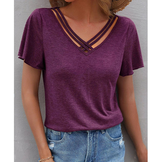 Camiseta informal de verano para mujer, con cuello en V y manga corta