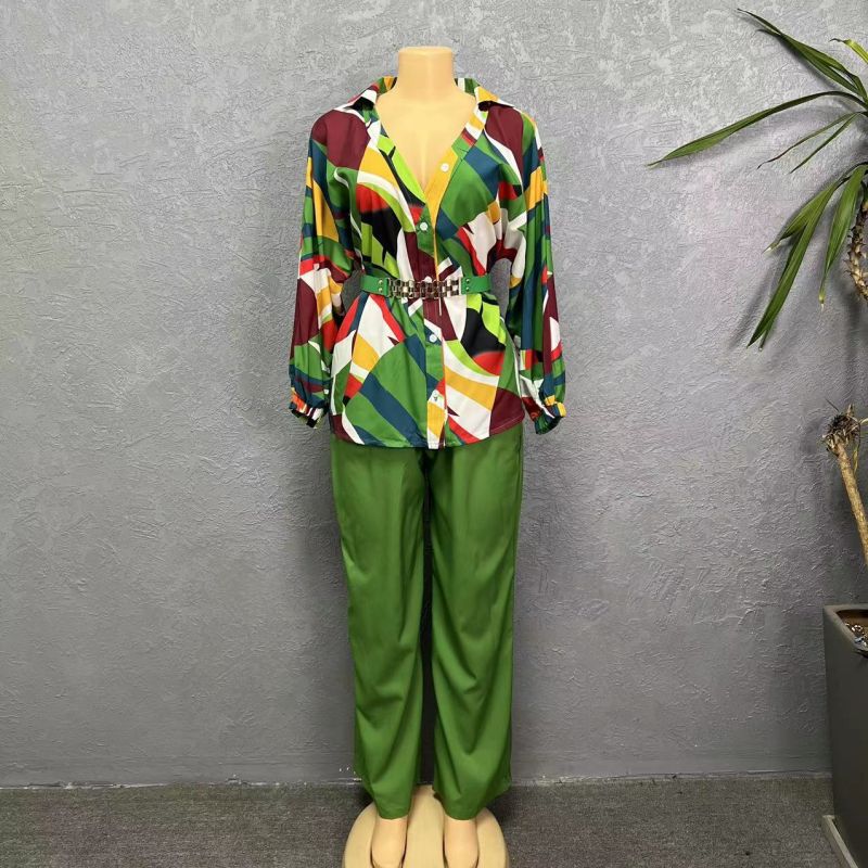 Conjunto de dos piezas de blusa informal con solapa, manga larga y estampado para mujer