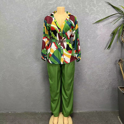 Conjunto de dos piezas de blusa informal con solapa, manga larga y estampado para mujer