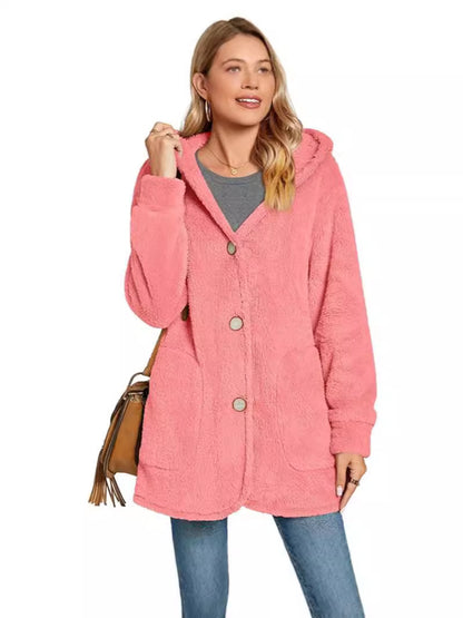 Cárdigan informal con capucha y bolsillos abotonados de felpa para mujer de invierno