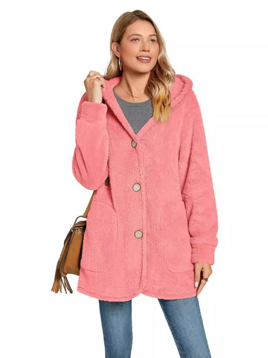 Cárdigan informal con capucha y bolsillos abotonados de felpa para mujer de invierno