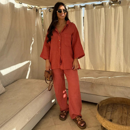 Conjunto de dos piezas formado por camisa y pantalón de lino y algodón, manga larga, solapa, color liso, informal, para mujer, verano