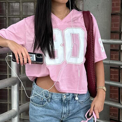 Camiseta de jersey de manga corta con cuello en V y estampado digital holgado informal para mujer