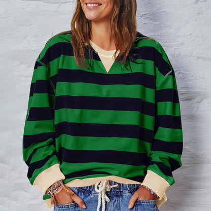 Sudadera informal holgada con cuello redondo y rayas para mujer