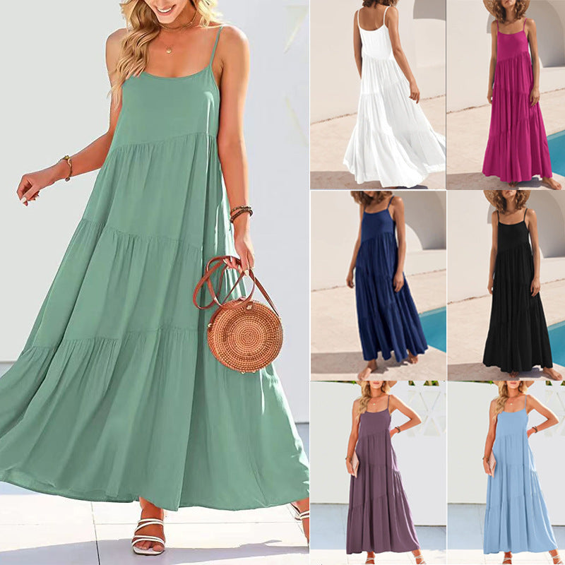 Women Fashion Casual Solid Color Sling Creased Maxi Dress