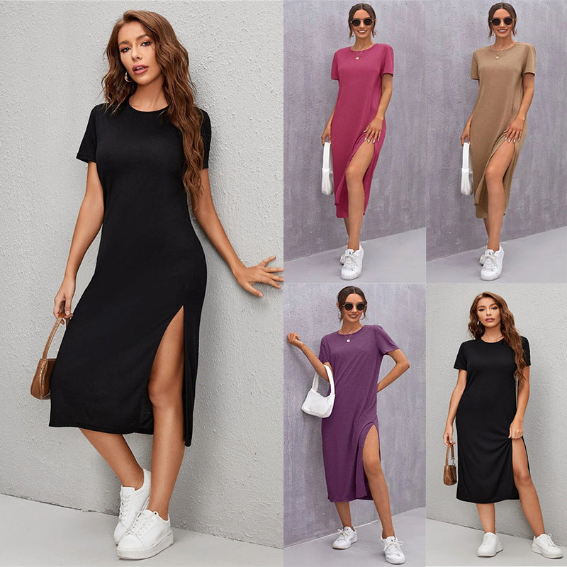Summer Women Basic Casual Short Sleeve Solid Color Side-slit Dress