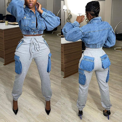 Women Fashion Casual Imitation Denim Large Pocket High Waist Cargo Pants