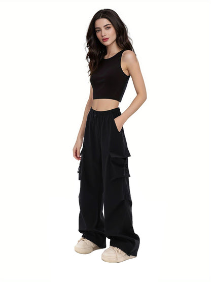 Women Fashion Casual Solid Color Pocket Drawstring Pants