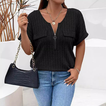 Women Fashion Casual Solid Color Plus Size Zipper Short Sleeve Loose T-Shirt
