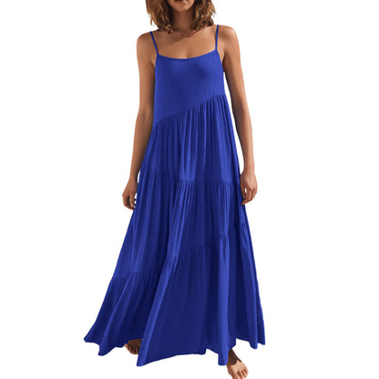 Women Casual Sleeveless Summer Loose Ruffled Solid Color Dress