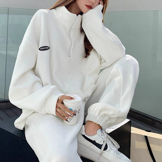 Conjunto deportivo de dos piezas para mujer: suéter tipo gofre, manga larga, top y pantalón