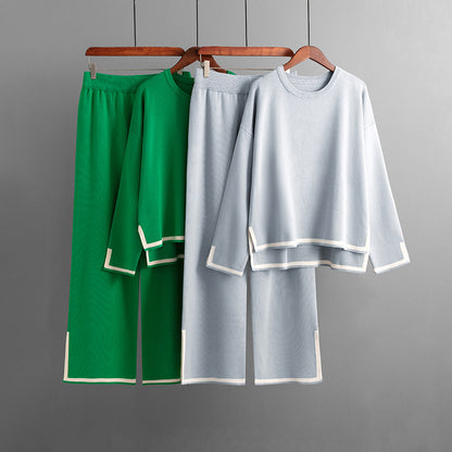 Conjunto de dos piezas de pantalón ancho de punto de manga larga con abertura en contraste para mujer, informal, para otoño e invierno