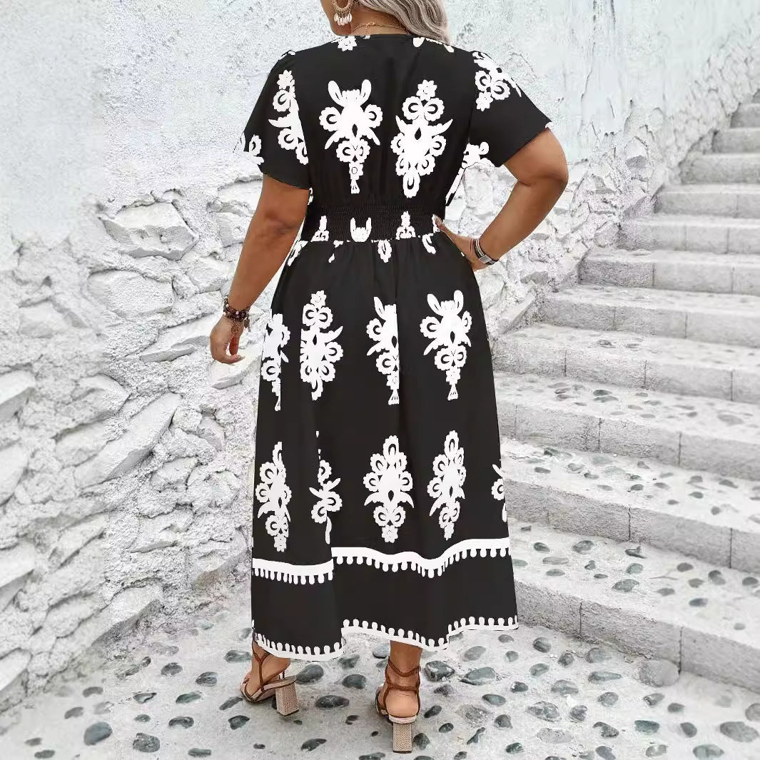 Women Fashion Casual Plus Size Geometric Print V-Neck Short-Sleeve Dress