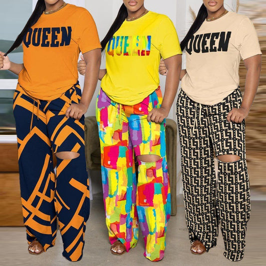Conjunto de dos piezas para mujer, informal, estampado, cuello redondo, manga corta, cintura definida, pantalones recortados