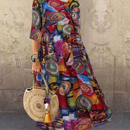 Vestido elegante informal de cuello redondo y manga corta con estampado integral para mujer, talla grande