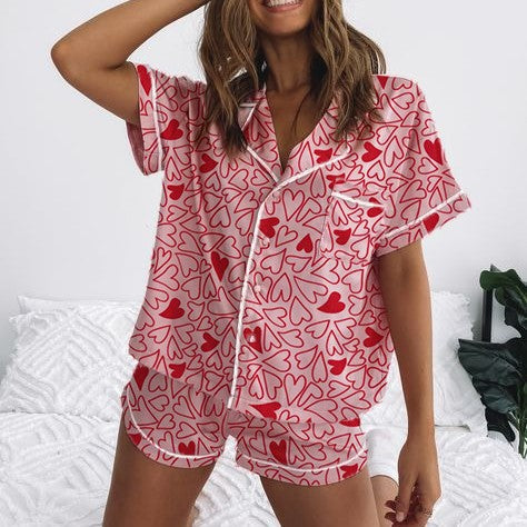 Conjunto de pijama informal de moda para mujer con lazo y estampado de fresas, solapa, manga corta, pantalones cortos holgados