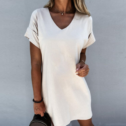 Vestido holgado informal de oficina chic para mujer, color liso, cuello en V, manga corta