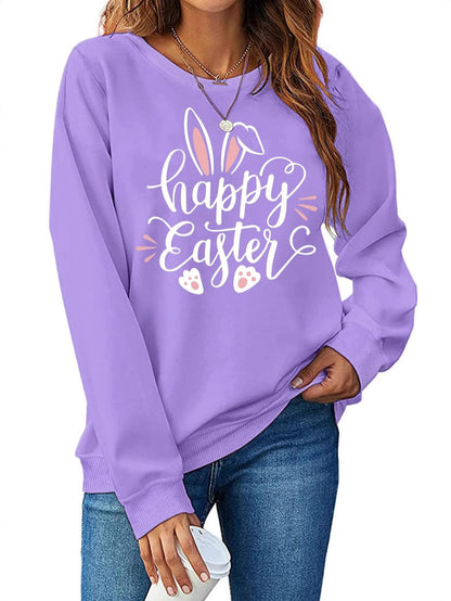 Camiseta informal de manga larga y cuello redondo con estampado de conejo de Pascua para mujer