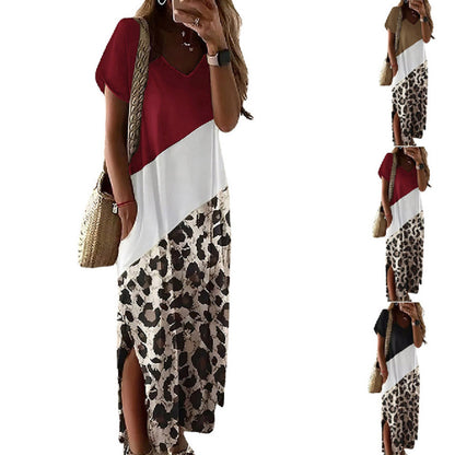 Women Casual Short Sleeve Leopard Print Side-Slit Maxi Dress