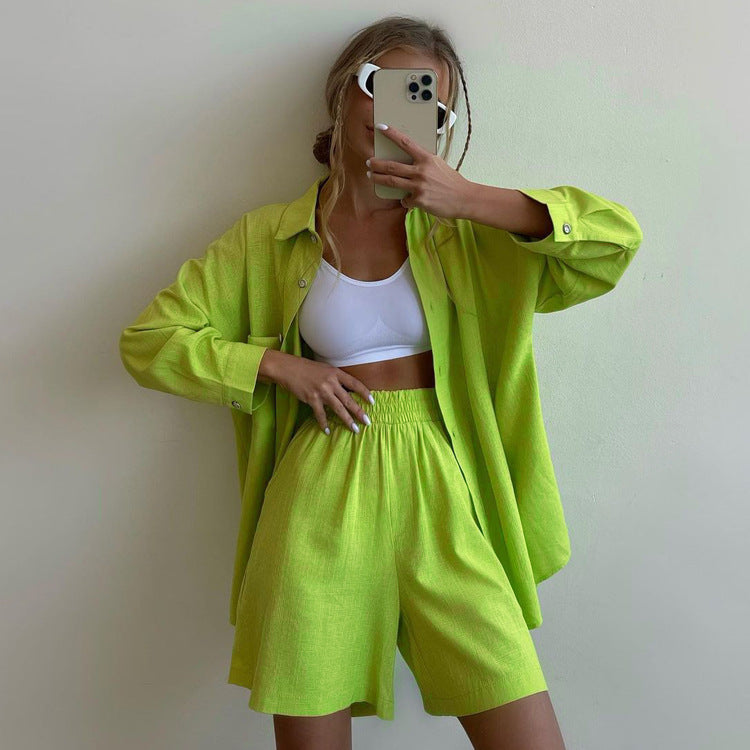 Traje informal holgado de dos piezas para mujer, de color liso, con camisa de solapa de manga larga y pantalones cortos, con botonadura sencilla