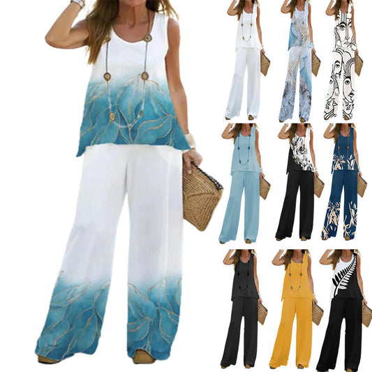Conjunto de dos piezas de blusa sin mangas con estampado floral informal de verano para mujer, pantalones de cintura alta