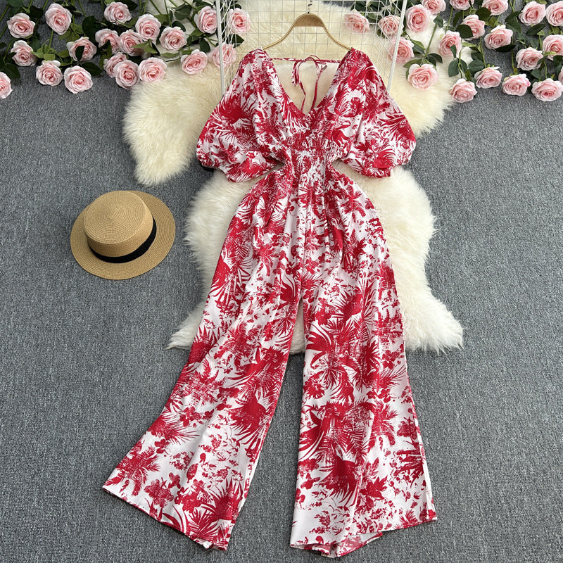 Mono elegante de manga corta con cuello en V, informal, de cintura alta, con estampado celadón, recto y pierna ancha para mujer.