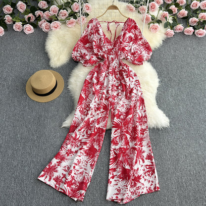 Mono elegante de manga corta con cuello en V, informal, de cintura alta, con estampado celadón, recto y pierna ancha para mujer.