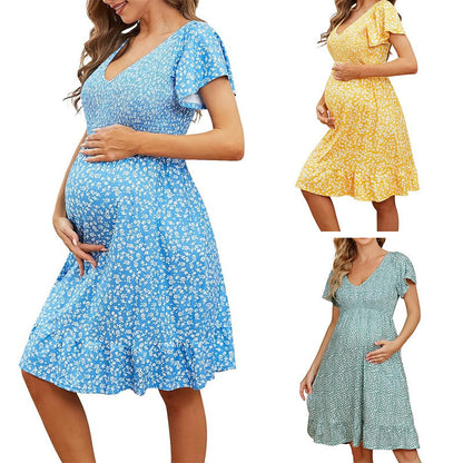 Summer Pregnant Women Fashion Casual V-Neck Floral Print Short Sleeve Loose Dress