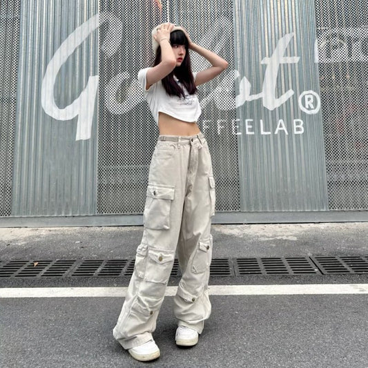 Women Fashion Casual Loose Multipocket Wide-Legged Pants