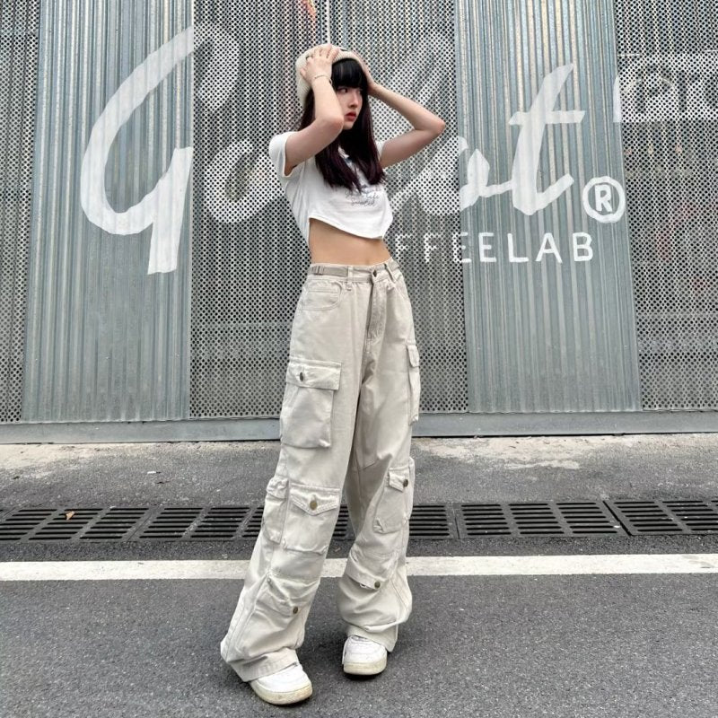 Pantalones anchos multibolsillos holgados informales de moda para mujer