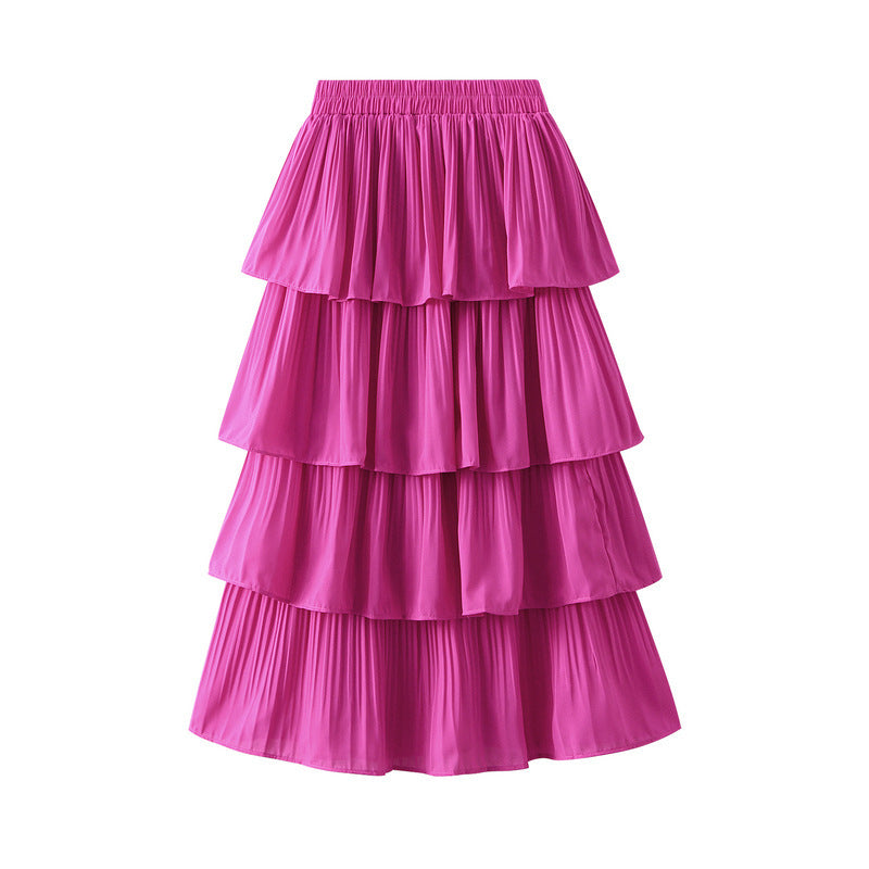 Women Casual Solid Color Stitching Pleated Skirt