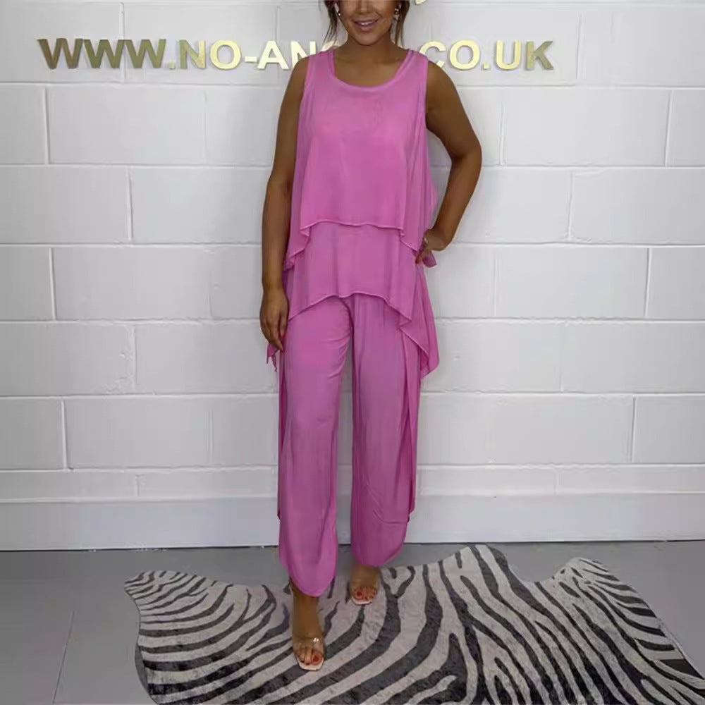 Conjunto de top y pantalones cortos informales sin mangas de color liso de talla grande a la moda para mujer