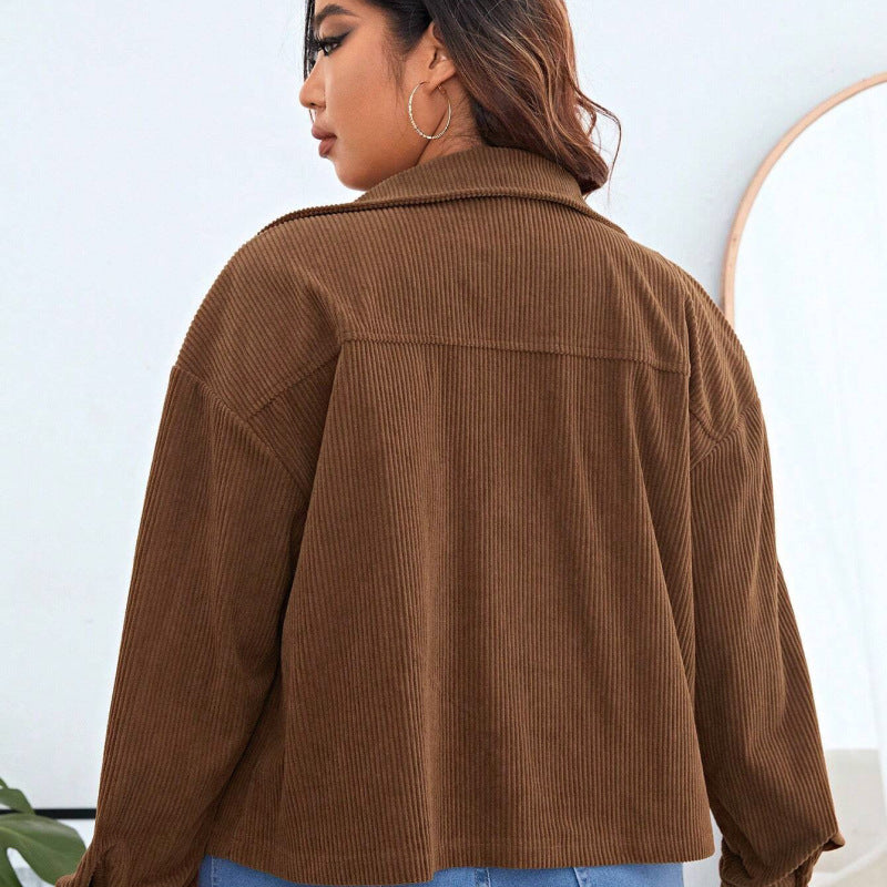 Chaqueta informal de pana con solapa y botonadura sencilla para mujer, talla grande