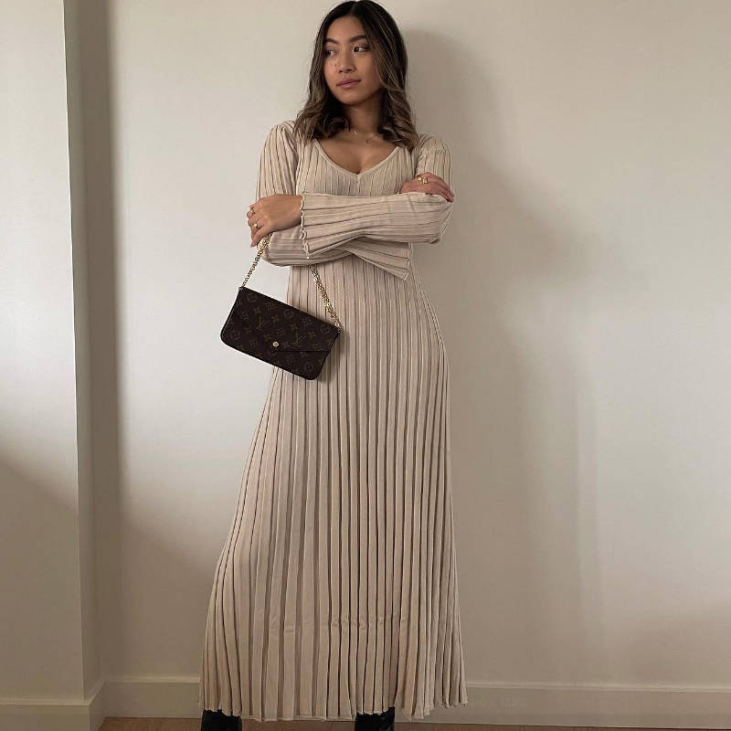 Autumn Winter Women Elegant Solid Color Casual V-Neck Knitted Long Dress