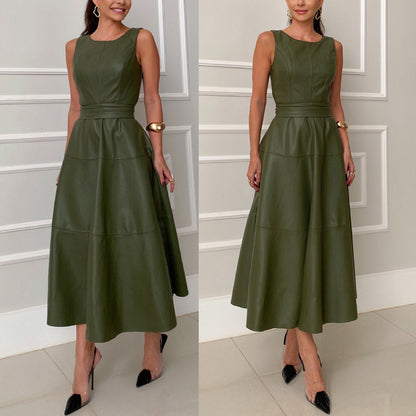 Women Fashion Casual Solid Color Sleeveless Back Zipper Lace PU Dress