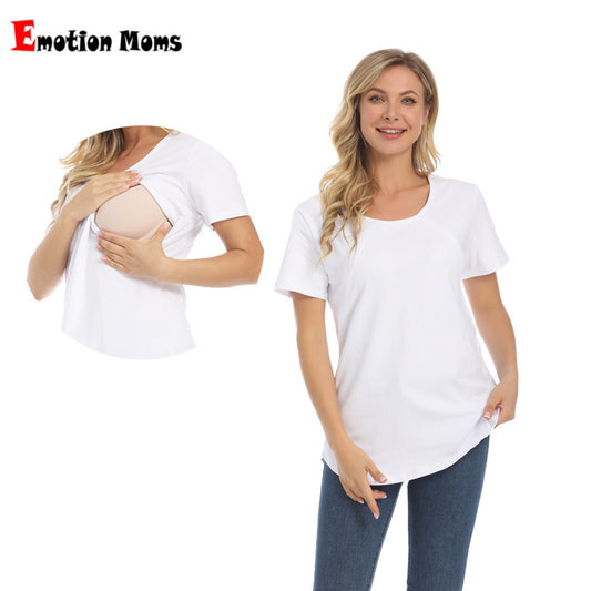 Camiseta informal de lactancia para embarazadas, color liso, cuello redondo y manga corta