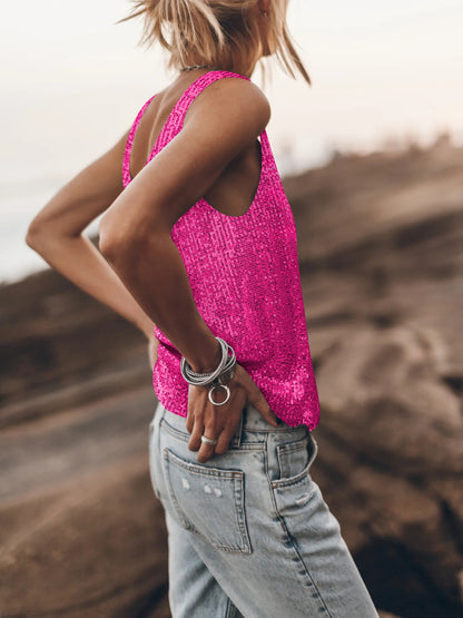 Women Fashion Casual Sequins Rhinestone U Neck Tank Top