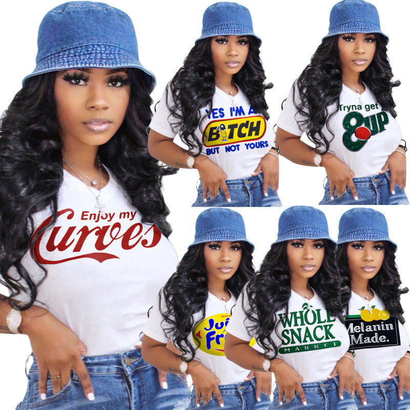Camiseta informal de cuello redondo con estampado de letras y personajes para mujer, corte entallado